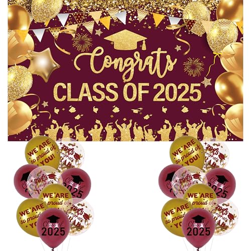 Banner mit 18-teiligem Ballon-Set in Kastanienbraun und Gold, Abschlussbanner, Abschlussbanner, Hintergrunddekoration, kastanienbraune Graduierten-Ballons, Party-Dekorationen von GOLDCROW