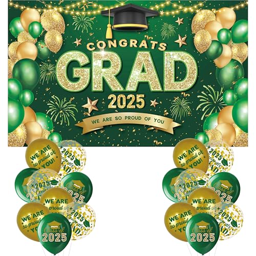 Grün-goldene Abschlussdekorationen, Banner der Klasse 2025, Banner mit 18-teiligem Ballon-Set – großes Congrats Grade 2025 Abschlussbanner, Hintergrunddekoration, grüne Graduierten-Ballons, von GOLDCROW