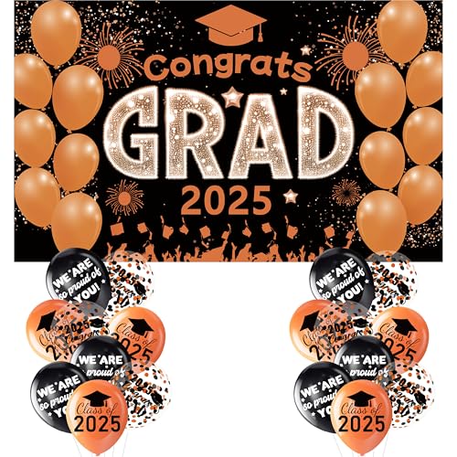 Schwarz-orangefarbene Abschlussdekorationen, Banner der Klasse 2025, Banner mit 18-teiligem Ballon-Set – großes Congrats Grade 2025 Abschlussdekoration, orangefarbene Graduierten-Ballons, von GOLDCROW