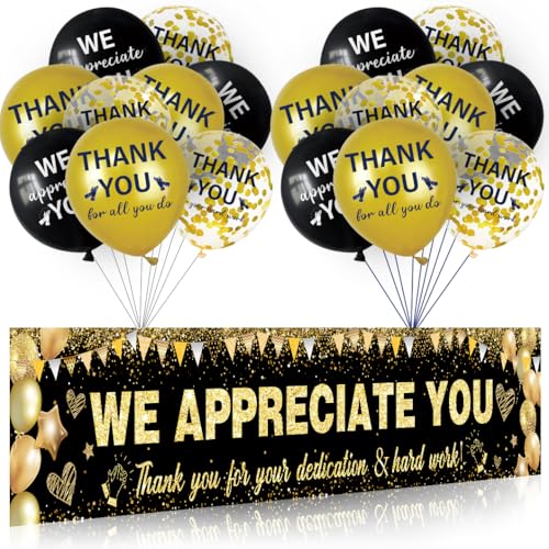 We Appreciate You Dekorationen Schwarz Gold We Appreciate You Banner mit 18 Luftballons, Dankeschön, Hofschild für Lehrer, Mitarbeiter, Poster, Ärzte, Krankenschwester, Freiwillige, von GOLDCROW