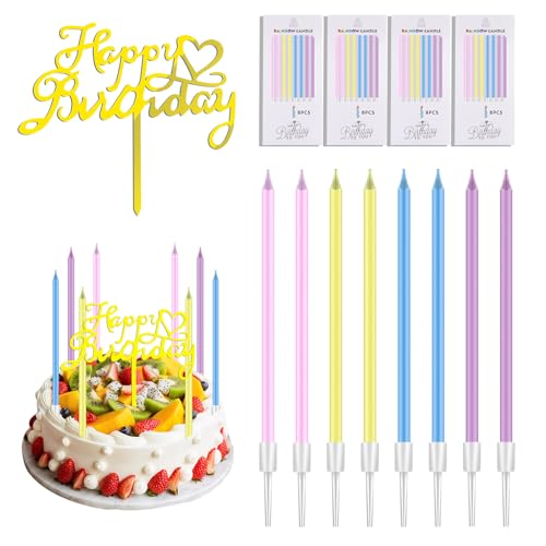 GOLDEROC 32 Stück Bunte Geburtstagskerzen für Torte & 1 Happy Birthday Tortendeko, Tortenkerzen, Geburtstagskerzen Kuchen mit Haltern, Dünne Kerzen für Dekorative Geburtstagskuchen, Babyparty von GOLDEROC