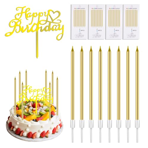 GOLDEROC 32 Stück Gold Geburtstagskerzen für Torte & 1 Happy Birthday Tortendeko, Tortenkerzen, Geburtstagskerzen Kuchen mit Haltern, Dünne Kerzen Gold für Dekorative Geburtstagskuchen, Babyparty von GOLDEROC