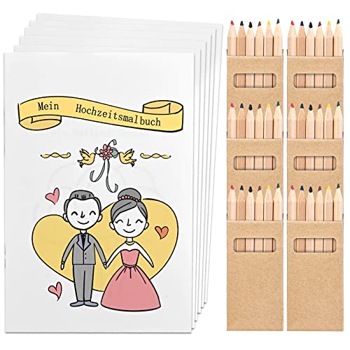 GOLDGE Hochzeitsmalbuch Kinder, 6 Stück Hochzeit Kinder Beschäftigung mit 36 Buntstifte für Kinder, Malbuch Hochzeit ,Gastgeschenke Kinderbeschäftigung Hochzeit, Hochzeitsdekoration von GOLDGE