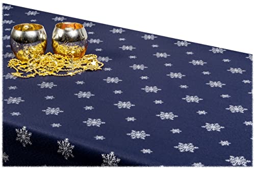 GOLDMAR Weihnachtstischdecke Fleckenresistente Schmutzabweisend Zweiseitig Tischdecke Weihnachten Advent - Polyester Lamatex Elegante Weihnachtstisch Deko (140x240 cm, Dunkelblau-Silber-Muster-02) von GOLDMAR