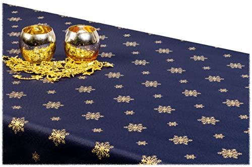 GOLDMAR Weihnachtstischdecke Fleckenresistente Schmutzabweisend Zweiseitig Tischdecke Weihnachten Advent - Polyester Lamatex Elegante Weihnachtstisch Deko (140x260 cm, Dunkelblau-Gold-Muster-01) von GOLDMAR