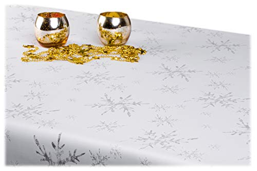 GOLDMAR Weihnachtstischdecke Fleckenresistente Schmutzabweisend Zweiseitig Tischdecke Weihnachten Advent - Polyester Lamatex Silber Gold Elegante Weihnachtstisch Deko (140x200 cm, Silber-Muster-06s) von GOLDMAR