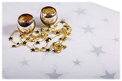 GOLDMAR Weihnachtstischdecke Fleckenresistente Schmutzabweisend Zweiseitig Tischdecke Weihnachten Advent - Polyester Lamatex Silber Gold Elegante Weihnachtstisch Deko (140x200 cm, Silber-muster-02s) von GOLDMAR