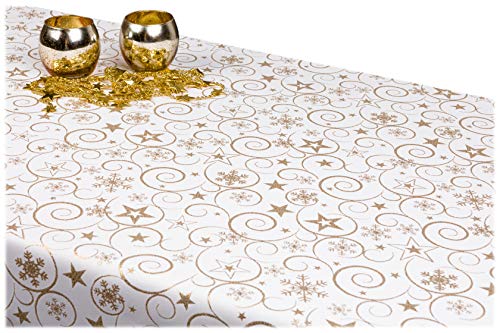 GOLDMAR Weihnachtstischdecke Fleckenresistente Schmutzabweisend Zweiseitig Tischdecke Weihnachten Advent - Polyester Lamatex Silber Gold Elegante Weihnachtstisch Deko (140x240 cm, Gold-Muster-11s) von GOLDMAR