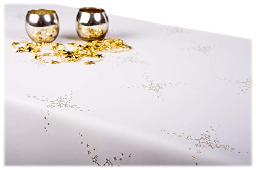 GOLDMAR Weihnachtstischdecke Fleckenresistente Schmutzabweisend Zweiseitig Tischdecke Weihnachten Advent - Polyester Lamatex Silber Gold Elegante Weihnachtstisch Deko (140x260 cm, Gold-Muster-03s) von GOLDMAR