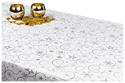 GOLDMAR Weihnachtstischdecke Fleckenresistente Schmutzabweisend Zweiseitig Tischdecke Weihnachten Advent - Polyester Lamatex Silber Gold Elegante Weihnachtstisch Deko (140x260 cm, Silber-Muster-11s) von GOLDMAR