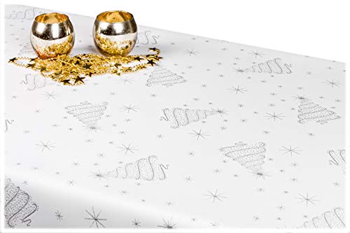 GOLDMAR Weihnachtstischdecke Fleckenresistente Schmutzabweisend Zweiseitig Tischdecke Weihnachten Advent - Polyester Lamatex Silber Gold Elegante Weihnachtstisch Deko (150x300 cm, Silber-Muster-12s) von GOLDMAR