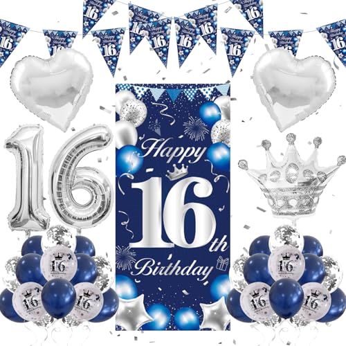 16 Geburtstag Dekorationen Blau und Silber Jungen Mädchen, 16 Geburtstag Luftballons Banner für Jungen Mädchen 16 Geburtstag Luftballons Happy Birthday Hintergrund Tür Banner Nummer 16 Folienballons von GOLDNICE