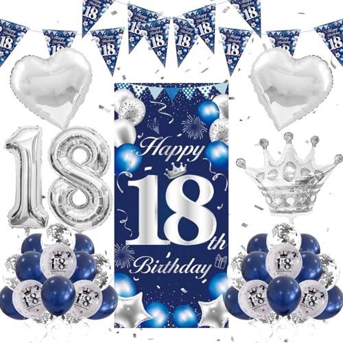 18 Geburtstag Dekorationen Blau und Silber Jungen Mädchen, 18 Geburtstag Luftballons Banner für Jungen Mädchen Geburtstag Luftballons Happy Birthday Hintergrund Tür Banner Nummer 18 Folienballons 16. von GOLDNICE