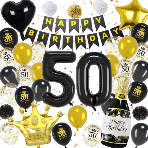 50. Geburtstag Dekoration Ballons für Frauen Männer, Schwarz Gold 50. Geburtstag Party Dekorationen 50. Geburtstag Banner Nummer 50. Zeichen Schwarz Gold Ballons und Tassen Folienballons von GOLDNICE