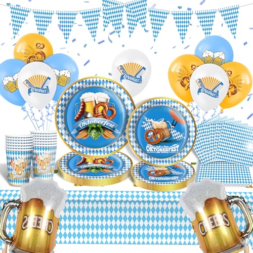 93 Stück Oktoberfest Deko Partygeschirr Set,Bayrische Oktoberfest Party Tischdeko, Pappteller Geschirr mit Ballon, Wiesn Dekoration für Deko Bier Festival Party für 20 Gäste von GOLDNICE