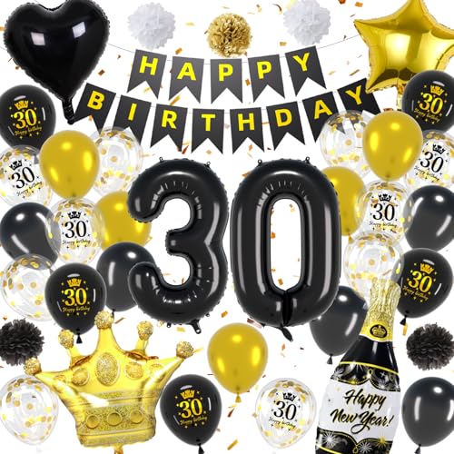 Dekoration zum 30. Geburtstag Frauen Männer,Luftballon 30 Geburtstag Schwarz Gold Party Dekorationen 30. Geburtstag Banner Nummer 30. Zeichen Schwarz Gold Ballons und Tassen Folienballons von GOLDNICE