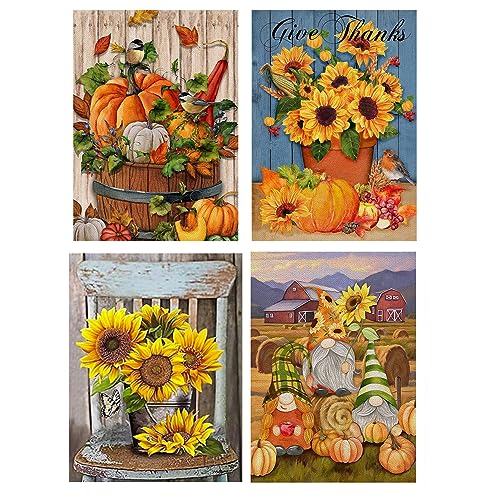 Diamond Painting Bilder Erwachsene Kinders, 5D DIY Diamant Painting Malerei Herbst Sonnenblume Blumen Kürbis, Daiments Bausätze Diamantmalerei für Home Décor Wand Dekorationen, Set 4 Diamant-Malerei von GOLDNICE