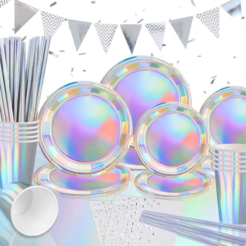 Geburtstag Partygeschirr Set, 20 Gäste Pappteller und Servietten Tischdecke Papier Party Geschirrset für Irisierende Silber Geburtstag Hochzeit Weihnachten Kindergeburtstag Deko von GOLDNICE