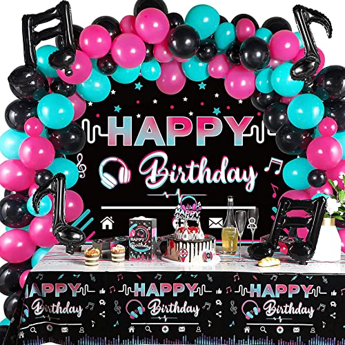 Musik Happy Birthday Ballon Party Dekorationen für Männer Frauen, Ballonbogen Girlande Kit Neon Schwarz mit Hintergrund, 80er 90er Jahre Disco Musik Thema Note Folienballons für Jungen Mädchen von GOLDNICE