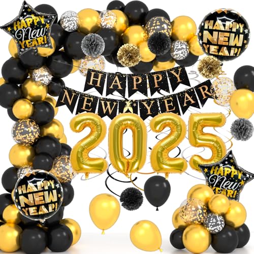 Silvester Deko Set 2025 Folienballon Silvester Dekorationen 2025 Schwarz und Gold Luftballons Party Silvester Dekoration 2025 Ballons, Happy New Year Girlande Banner Silvesterparty Neujahr Supplies von GOLDNICE