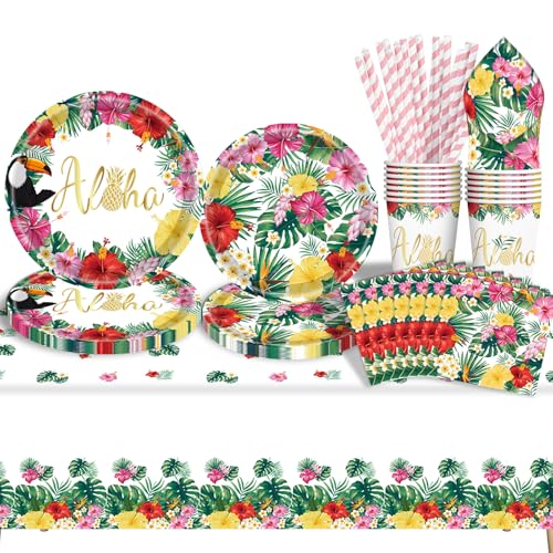 Tropical Luau Party Supplies Flamingo Party Geschirr-Set, Hawaii-Pappteller, Servietten, Becher und Tischdecke für hawaiianische Strandgeburtstagsparty-Essgeschirr-Dekorationen von GOLDNICE