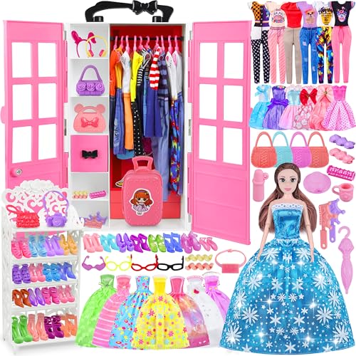 122 Teiliges Kleidung Schmuck Zubehör für Puppen Closet,Kleiderschrank mit über 15 Kleidern und Accessoires,Set zum Aufklappen,inkl. 1 Puppe,Geschenk Spielzeug für ab 3 4 5 6 7 8 9 10+ Mädchen Jahre von GOLMUD