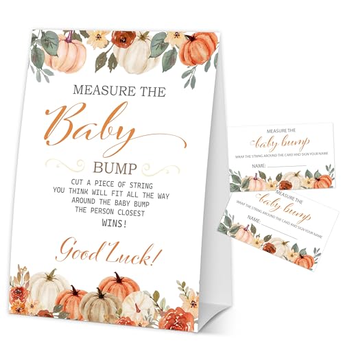 Herbst Thanksgiving Baby Shower Spiele, Herbst Kürbis Dekorationen für Babyparty, Messen Sie die Baby Bump Baby Shower Party Game, 1 Schild mit 50 Ratenkarten - A06 von GOLRMC