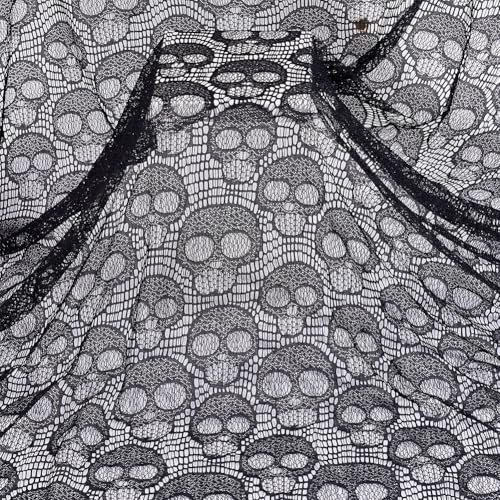 GOMAKERER 1 Yard Spitzenstoff Mit Totenkopf-Motiv, 150cm Breite Schwarzer Gothic-Halloween-Nylon-Spitzenstoff Nicht Dehnbarer Netzstoff Kleidungszubehör Für Halloween-Tischdeckenvorhänge von GOMAKERER