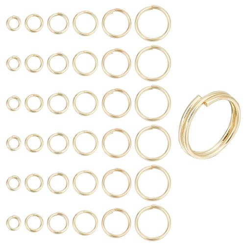 GOMAKERER 120 Stück Messing-Spaltringe, 6 Größen Echte 14K Vergoldete Doppelschlaufenringe, 4/5/6/7/8/10mm Kleine Schlüsselanhänger-Reifen Zum Basteln von Armbändern Und Zur Schmuckherstellung von GOMAKERER