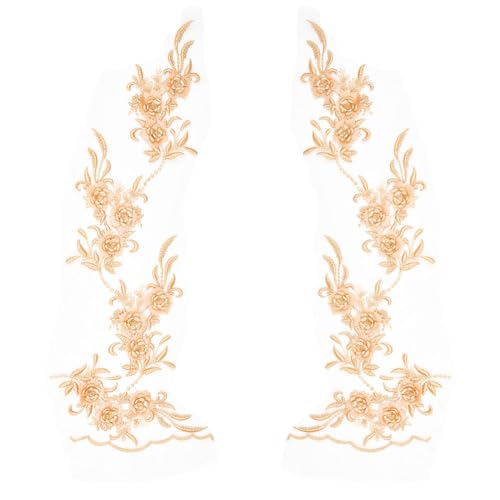 GOMAKERER 2 Paar goldene Blumenspitzen-Aufnäher, florale bestickte Aufnäher zum Aufnähen auf Goldverzierung, Applikationen für Kleid, Kleidung, Zubehör von GOMAKERER
