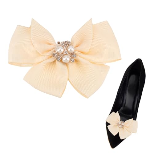 GOMAKERER 2 Stück Schuhklammern Mit Schleife, Beige Kristall Abnehmbare Schleife Schmuck Dekorative Clips Strass Schuhe Zubehör Perle Schleife Schuh Dekorationen Für Hochzeit Party High Heels von GOMAKERER