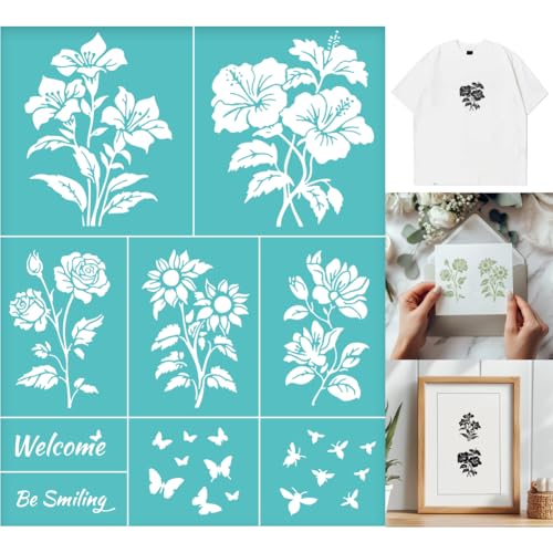 GOMAKERER 2 Stück Siebdruckschablone Mit Blumenrändern Wiederverwendbare Selbstklebende Siebdruck Schablone Mit Blumen Und Schmetterlingsmuster Netz Transfers Zum Malen Auf Holz Stoff DIY T Shirt von GOMAKERER