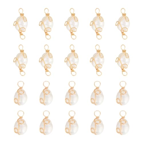 GOMAKERER 20 Stück 2 Stile Perlenanhänger, Natürliche Perlen-Anhänger-Charms, Verbindungs-Charms Mit 2 Loch, Perlenanhänger Mit Goldener Nadel, Unregelmäßiger Perlenanhänger Zum Basteln von Schmuck von GOMAKERER