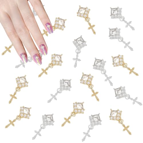 GOMAKERER 30 Stück 2 Farben Baumelnder Kreuz-Nagelanhänger, Strasssteine Perlen Nageldekoration Legierung Nail Art Juwelen Golden Silber Metall Nagelzubehör Für Acrylnägel von GOMAKERER