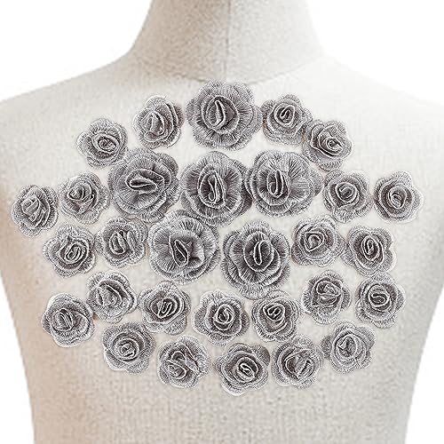 GOMAKERER 30 Stück Blumen-Aufnäher, Grauer 3D-Blume-Aufnäher Aus Polyester, Bestickte Applikationen, Floraler Spitzenaufnäher, Handgefertigtes DIY-Zubehör Zum Reparieren Und Dekorieren von GOMAKERER