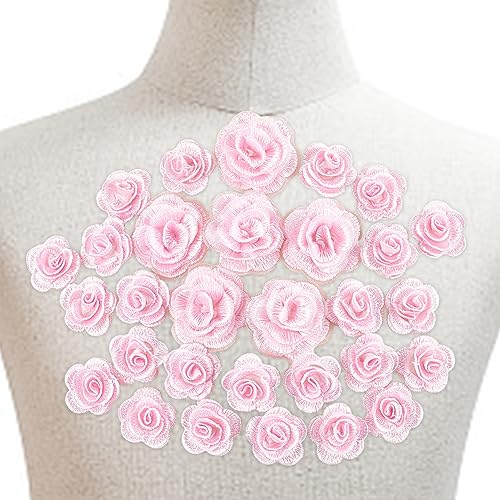 GOMAKERER 30 Stück Blumen-Aufnäher, Rosa Polyester-3D-Blumen-Aufnäher, Bestickte Applikationen, Blumen-Spitzen-Aufnäher, Handgefertigtes DIY-Zubehör Zum Reparieren Und Dekorieren von GOMAKERER