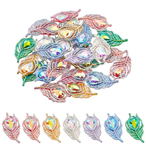 GOMAKERER 35 Stück Blattes Ornamente 7 Farben, Cabochons aus Kunstharz Mit Flacher Strasssteinen F lache Rückseite Blattperlen Für Selbstgemachten Schmuck Und Hochzeitsaccessoires, 38.5x20x4mm von GOMAKERER