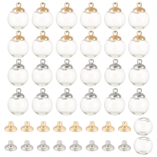 GOMAKERER 40 Sets 2 Farben Glaskugel-Anhänger 14mm, Klare Flaschenanhänger Mini-Glaskugeln Wunschflaschen-Charms Mit Messingkappen Geblasener Kugel-Flaschen-Charm Für Halskette, Ohrringe, Zubehör von GOMAKERER