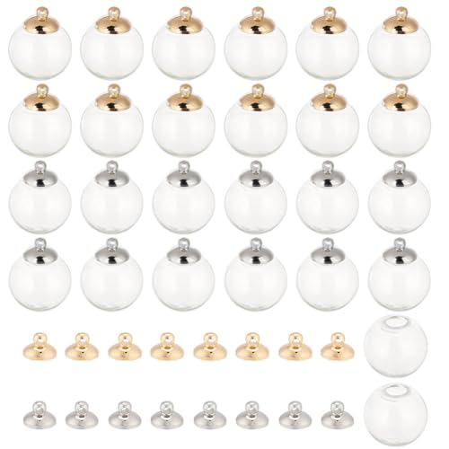 GOMAKERER 40 Sets 2 Farben Glaskugel-Anhänger 18mm, Klare Flaschenanhänger Mini-Glaskugeln Wunschflaschen-Charms Mit Messingkappen, Geblasener Kugel-Flaschen-Charm Für Halskette, Ohrringe, Zubehör von GOMAKERER