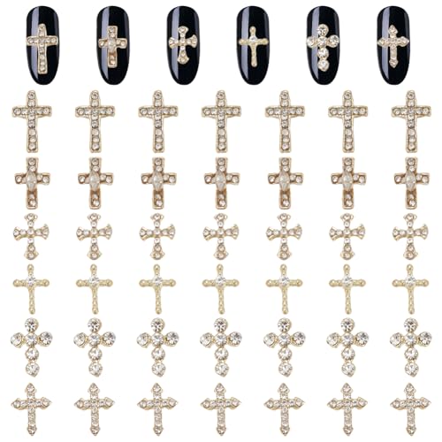 GOMAKERER 48 Stück Strass-Kreuz-Anhänger Für Nägel, 6 Stile Gothic Punk Legierung Nagel Cabochons Metall 3D Kreuz Nagel Kunst Dekoration Für Frauen DIY Nagel Designs Zubehör von GOMAKERER