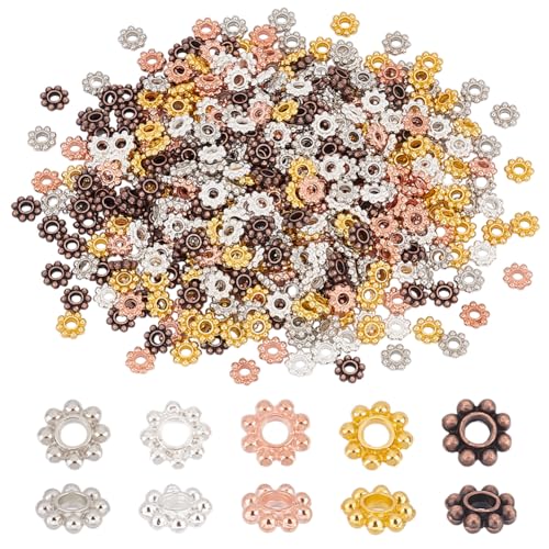 GOMAKERER Ca. 200 Stück Gänseblümchen Zwischenperlen 5 Farbe 5mm Gänseblümchen Perlen Aus Legierung Mini Schneeflocke Lose Perlen Metallschmuck Abstandshalter Für Herstellung Armbändern Halsketten von GOMAKERER