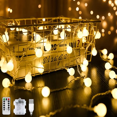 10M 100LED Kugel Lichterkette, Warmweiß 8 Modi Globe Lichterkette Wasserdicht Partylichterkette mit Batteriebetrieben/USB Stecker Timer Funktion Dimmbar für Weihnachten Hochzeit Garten (100) von GOMETY