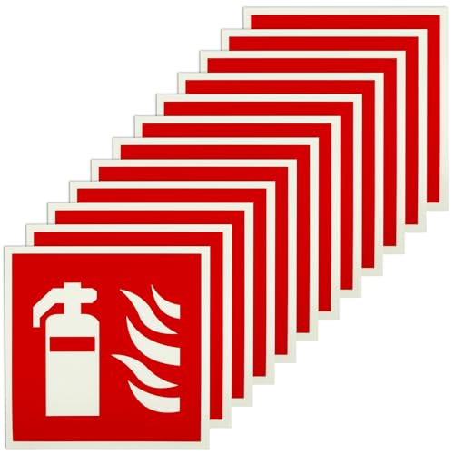 12 Stück Schild Feuerlöscher, 15 x 15 cm PVC Nachleuchtend Selbstklebende Brandschutzschild Feuerlöscher Aufkleber Sicherheitsmarkierung Brandschutzzeichen für Haus Büro Baustelle von GOMETY