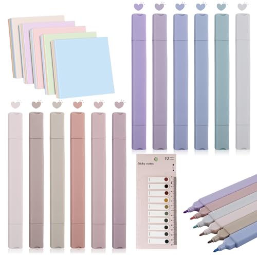 12 Stück Textmarker mit 600PCS Transparente Haftnotizen, Sticky Haftstreifen Haftnotizen Notes Transparent Annotating Tabs mit Marker StifteSet für Schule Büro Zuhause von GOMETY