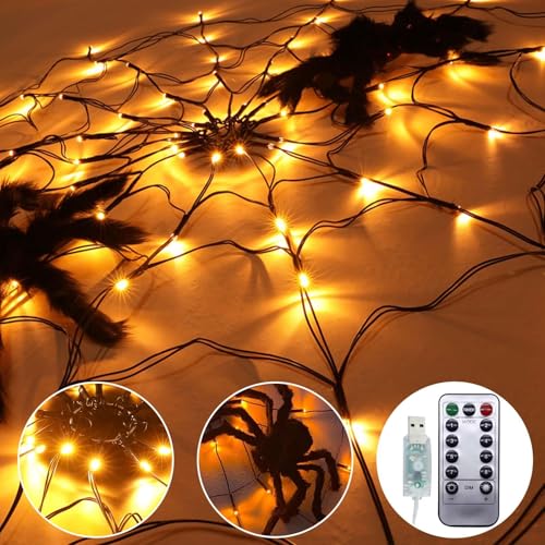 120 LED Halloween Spinnennetz Licht, 8 Modi USB-Betrieben mit Fernbedienung Spinnennetz Lichterketten 1M Durchmesser Netzlichter Halloween Deko für Hof Garten Indoor Outdoor Party Spukhaus Bar von GOMETY