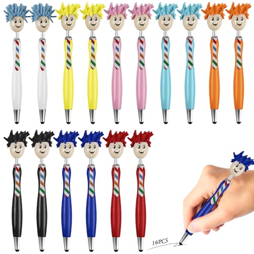 16 Stück kugelschreiber, Cartoon Kugelschreiber mit Mop Topper, Microfaser Bildschirmreiniger Stifte, Stifte Lustige Kugelschreiber, Wischmopp-Kugelschreiber 3-in-1 Stylus für Kinder Erwachsene von GOMETY