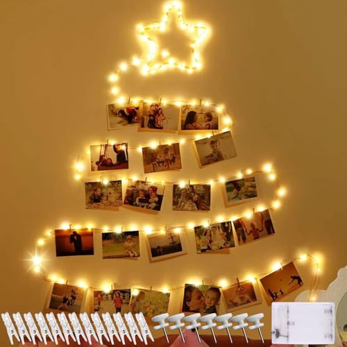 GOMETY 2 Stück 10M 100 LED Foto Lichterketten mit Timer, Lichterkette mit 60 Fotoclips und 60 Spurenlose Nägel, Batteriebetriebene Aufhängen Lichterketten für Wohnzimmer Weihnachten Hochzeiten Party von GOMETY