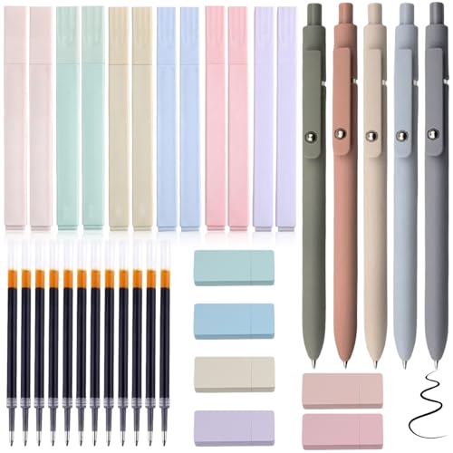 23 Textmarker Pastell Set, 12 Stifte Aesthetic No-Bleed Marker Stifte, 6 Korrekturroller und 5 Schwarze Gelstiften mit 10 Ersatzminen Enthalten, Pastell Textmarker Zubehör für Journal Büro Schulbedarf von GOMETY