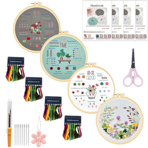 4 Sets Stickset für Anfänger, Anfänger Stickerei Set mit 1 Stück Bambus Stickrahmen, Anleitung und Werkzeuge, Blumenmuster Pflanzen Sticken Set Erwachsene Stickerei Set für DIY Kunst, Handwerk, Nähen von GOMETY