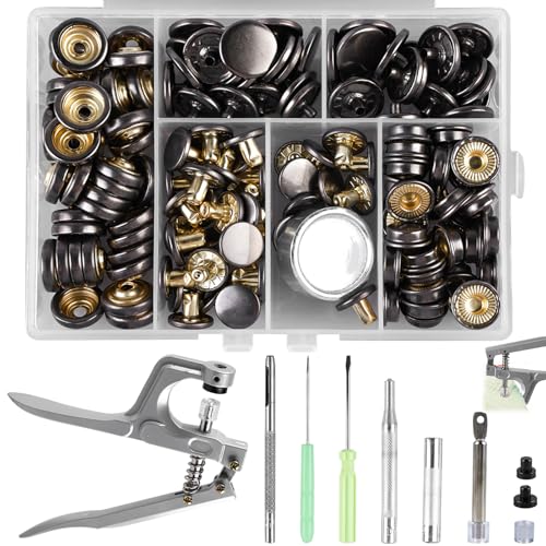 40set Druckknopf Set mit Zange, Ø15mm Druckknöpfe Schwarz Kupfer Druckknöpfe Nähzubehör Buttons zum Annähen Kleidung Snaps für Leder Handwerk Jacke DIY Handtasche Basteln Stoff Brieftasche von GOMETY